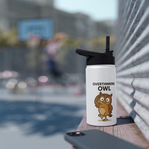 Owl Water Bottle, Stainless Steel Drinking Flask for Nature Lovers, Overthinking Owl Design, Cute Animal Water Bottle, Insulated Bottle,