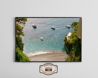 Positano Beach Print, Italian Riviera Wall Art, Ocean Boats Photography, Digital Download, Coastal Summer Decor, Italy Travel Photo, 35mm