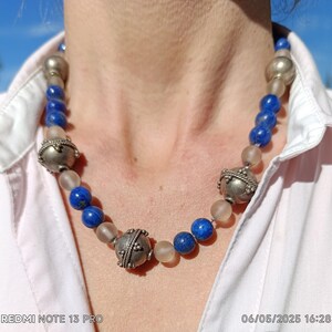 Collana Lapislazzuli, Cristallo di rocca, argento Sterling 925 stile antico