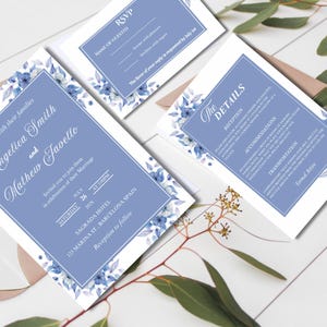 Conjunto de convites de casamento com flores azuis, pacote elegante de convites de casamento, número da mesa e menu, detalhes do RSVP e do cartão, placa de boas-vindas para casamento,