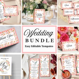 Floral Pink wedding Invitation set, Romantic Blush Garden Theme, Editable and Printable Invite Suite, Boho Pink Invite Set, Rose floral
