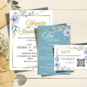 Wedding Invitation Suite Elegant Blue Wedding Invitation Bundle Chicago Blue Flower Wedding Invite Set Customizable Gold Design Invite