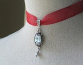 Sparkling Georgian Style Pendant with Red Ribbon, Red Choker, Red Necklace, 18th century jewelry
