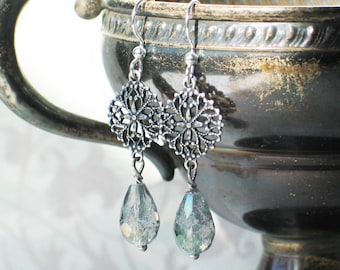 Victorian Blue Drop Earrings, Victorian Jewelry, Silver Filigree Earrings For Historical Jewelry, Winter Gift