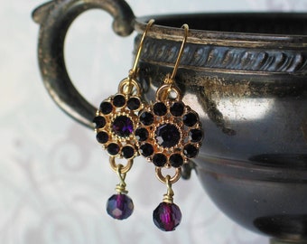 Amethyst Rhinestone Earrings: 18k Gold Plated, Victorian Style