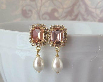 Peachy Pink Rhinestone and Pearl Teardrop Halo Earrings, Georgian Jewelry, Regency Jewelry, Historical Jewelry, 19th century Jewelry
