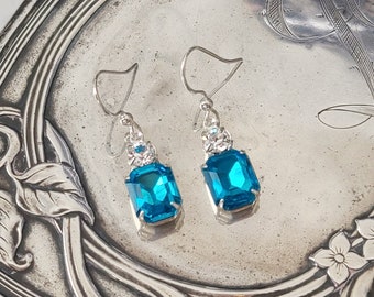 Aqua Blue Rhinestone Earrings: Regency Style, 19th Century Jewelry