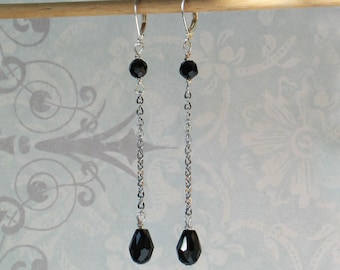 Art Deco Jet Black Glass Earrings: 1920s Flapper Style