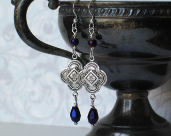 Victorian Clover Earrings, Quatrefoil Earrings, Purple Dangle Earrings, Historical Jewelry, 19th Century Jewelry, Edwardian Earrings