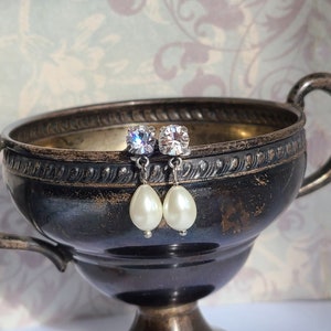 Crystal Rhinestone Pearl Teardrop Stud Earrings, Historical Jewelry, Pearl Drop Earrings, 18th and 19th Century Jewelry, Pearl Jewelry Gift image 1