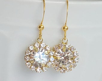 Regency / Victorian Style Drop Halo Earrings 19th Century Historical Jewelry Cubic Zirconia and Gold