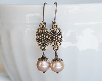 Floral Filigree Earrings with Dusty Pink Glass Pearls, Historical Jewelry, Pink Pearl Jewelry, 19th Century Jewelry, Victorian Jewelry