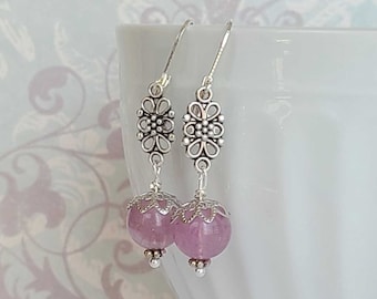 Silver Floral Filigree Purple Flourite Earrings, Flourite Jewelry, 19th Century Jewelry, Historical Jewelry, Light Purple Earrings
