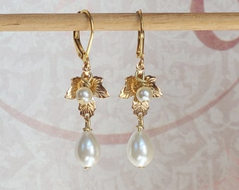 Victorian Pearl Gold Leaf Earrings, Historical Jewelry, 19th Century Pearl drop Earrings, Gilded Age Jewelry, Leaf Earrings, Nature Jewelry
