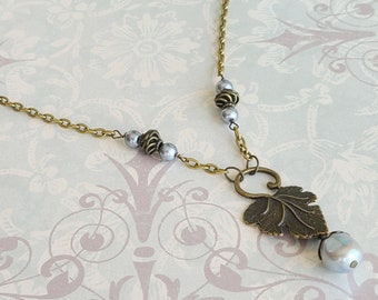 Leaf Necklace, Antique Style Jewelry, 19th Century Jewelry, Historical Jewelry, Victorian Jewelry, Gray Pearl Necklace Garden Necklace