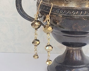 Gold Drop Earrings, Long Gold Dangle Earrings For Her, Sparkling gold orb Earrings, Gold Holiday Earrings