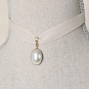 Pearl Cabochon Ivory Ribbon Choker Regency Inspired for Historical Jewelry 19th Century