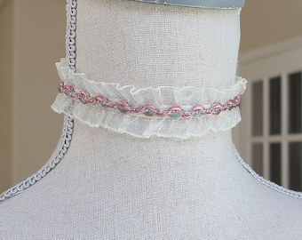 Pink Flower Ivory Ruffle Choker, 19th Century Jewelry, Historical Jewelry, Bridgerton Inspired Jewelry