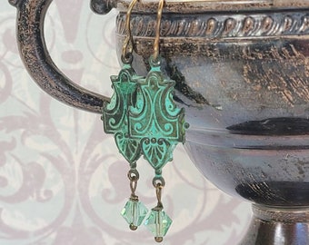 Brass Victorian Verdigris Earrings, 19th century Earrings, Historical Jewelry, Patina Jewelry, Green Earrings