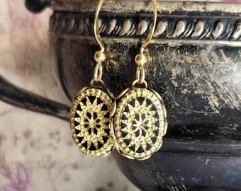 Gilded Age Gold Sunburst Earrings, Victorian Black Glass Jewelry
