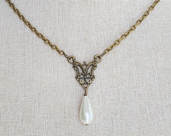 Victorian Ivory Pearl Drop Necklace, 18th century jewelry, 19th century jewelry, Historical Jewelry Gilded Age Necklace