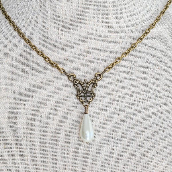 Victorian Ivory Pearl Drop Necklace, 18th century jewelry, 19th century jewelry, Historical Jewelry Gilded Age Necklace