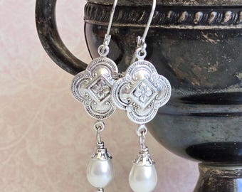 Victorian Pearl Earrings Silver Clover 1900's Jewelry Historical Gilded Age Jewelry