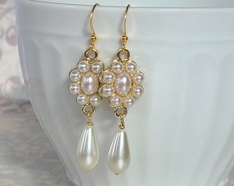 Ivory Pearl Teardrop Earrings 19th Century Historical Jewelry Gift For Regency Costume For Victorian Drop Earrings Gilded Age Jewelry