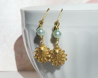 Victorian Gold Shell Earrings, Pearl and Shell Earrings, 19th Century Jewelry, Historical Jewelry