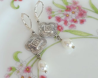 Pearl Earrings Edwardian Silver Clover For 1900's Jewelry Gift For Historical Historical Pearl Drop Earrings