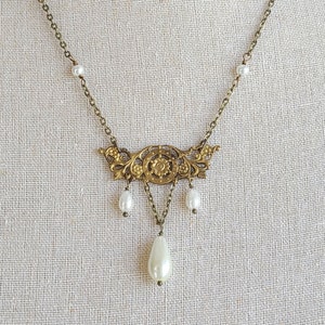 Victorian Floral Necklace with Pearl Teardrops, Historical Jewelry, Ivory Glass Pearl Jewelry, Gilded Age Jewelry 1910's
