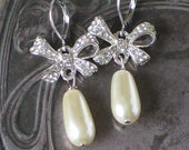 Rhinestone Bow Pearl Earrings, Bow Earrings , 18th century style, Anna Karenina Jewelry
