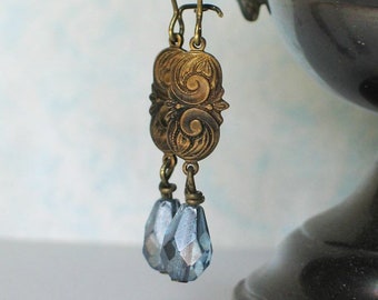 Art Deco Long Blue Earrings, Kidney Wire Earrings, Light Blue Deco Jewelry, 1920's Earrings, Downton Abbey Inspired