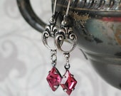 Silver Fleur de Lis Earrings with Vintage Rose Pink Diamond Shaped Rhinestones, 18th century style jewelry, 19th century style jewelry
