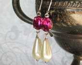 Vintage Swarovski Crystal Fucshia Pink Stone Earrings with Ivory Glass Pearl Teardrops, 18th century style jewelry