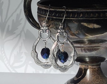 Blue Earrings Silver Drop Blue Stone Earrings For Historical Jewelry Czech Glass Bohemian Jewelry Vintage Style Earrings