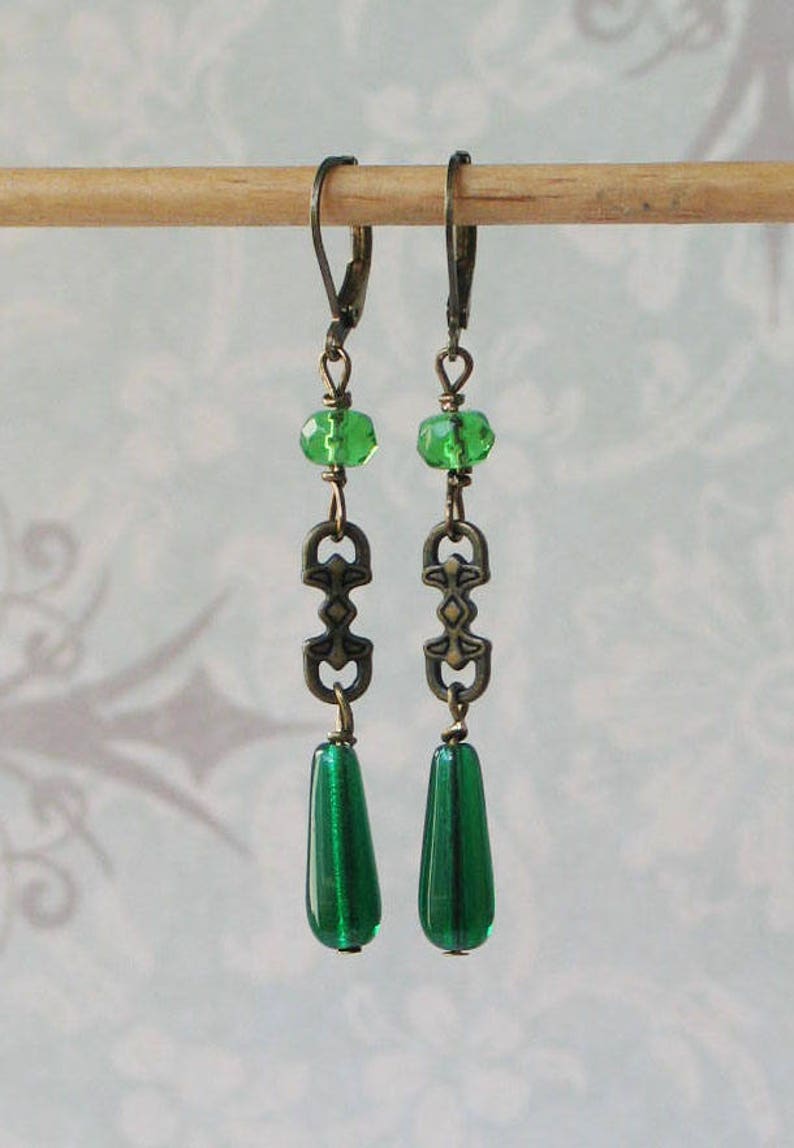Art Deco Green Czech Glass Earrings, Downton Abbey Inspired, Long green Deco Earrings, 1920's Jewelry, Great Gatsby, Emerald Green Jewelry image 2