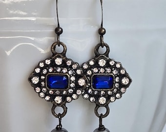 Victorian Style Blue Rhinestone Earrings 19th Century Historical Gilded Age Jewelry