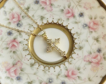 Gold Cross Cubic Zirconia Necklace Regency/Victorian Style 19th Century Jewelry