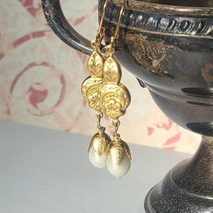 Gold Flower Pearl Drop Earrings, Gilded Age Style, Regency Victorian Style