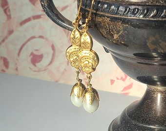 Gold Flower Pearl Drop Earrings, Gilded Age Style, Regency Victorian Style