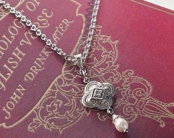 Victorian Silver Clover Pearl Drop Necklace, Gilded Age Jewelry