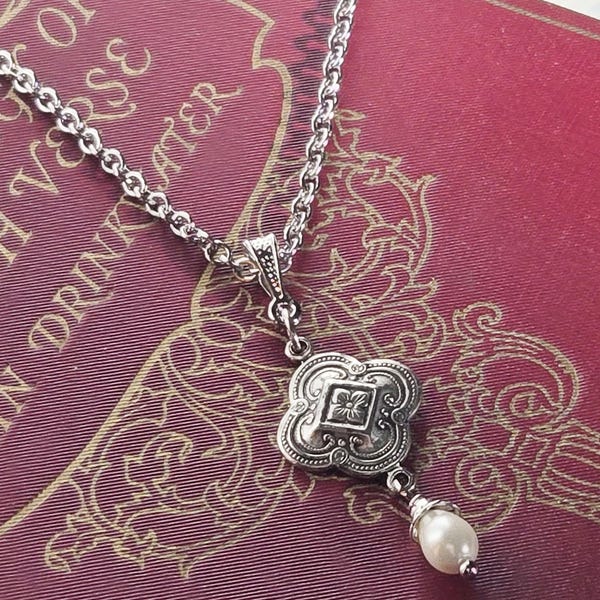 Victorian Silver Clover Pearl Drop Necklace, Gilded Age Jewelry