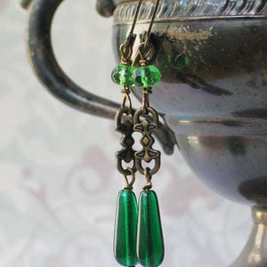 Art Deco Green Czech Glass Earrings, Downton Abbey Inspired, Long green Deco Earrings, 1920's Jewelry, Great Gatsby, Emerald Green Jewelry image 1