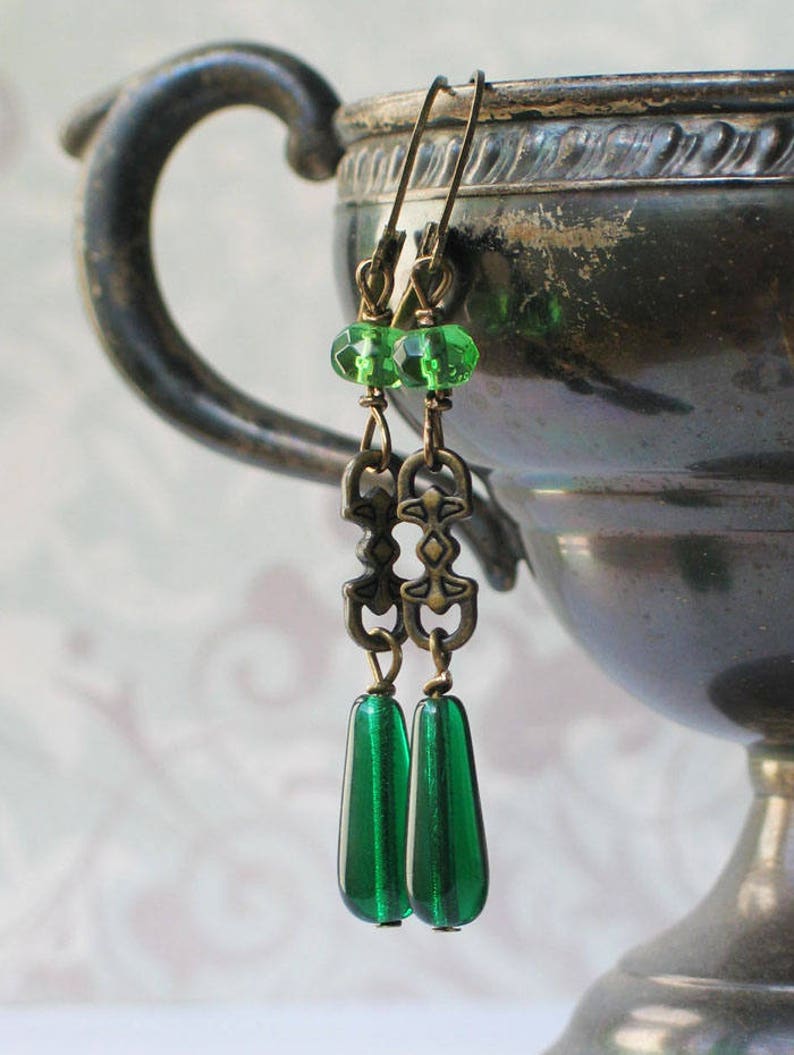 Art Deco Green Czech Glass Earrings, Downton Abbey Inspired, Long green Deco Earrings, 1920's Jewelry, Great Gatsby, Emerald Green Jewelry image 1
