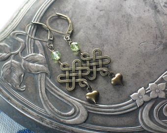 Celtic Knot Peridot Earrings, Scottish Jewelry, Irish Jewelry, Outlander Inspired, Celtic Knot Heart Earrings, Peridot Green Earrings
