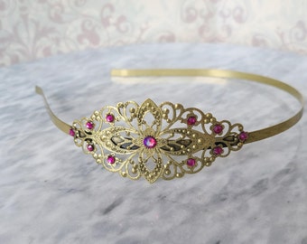 Floral Headband With Rose Pink Crystals Filigree Headband For Weddings and Parties Hair Accessories Hair Ornaments With Golden Flowers