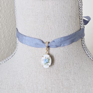 Flower Choker Blue Ribbon Victorian Historical Jewelry 19th Century Gilded Age Jewelry French Blue Faux Silk Choker Necklace Regency Jewelry