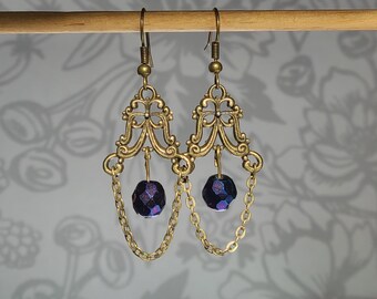 Art Nouveau Earrings For 19th Century Historical Jewelry Chandelier Earrings Iridescent Peacock Blue Jewelry Blue Purple Czech Glass