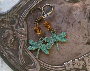 Dragonfly Earrings, Green Dragonfly Earrings, Insect Jewelry, Nature Jewelry, Cottagecore Jewelry, Outlander Inspired